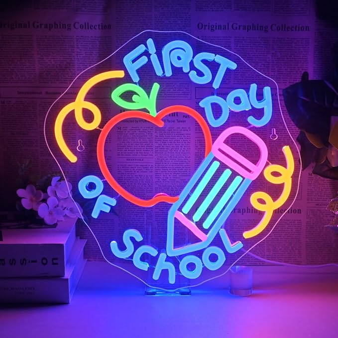 Horseneon First Day of School Neon Sign School Neon Signs for Classroom,Lights for Wall Decorative Colorful LED Wall Decor for Classroom Dorm or Home a Gift for Students and Teachers