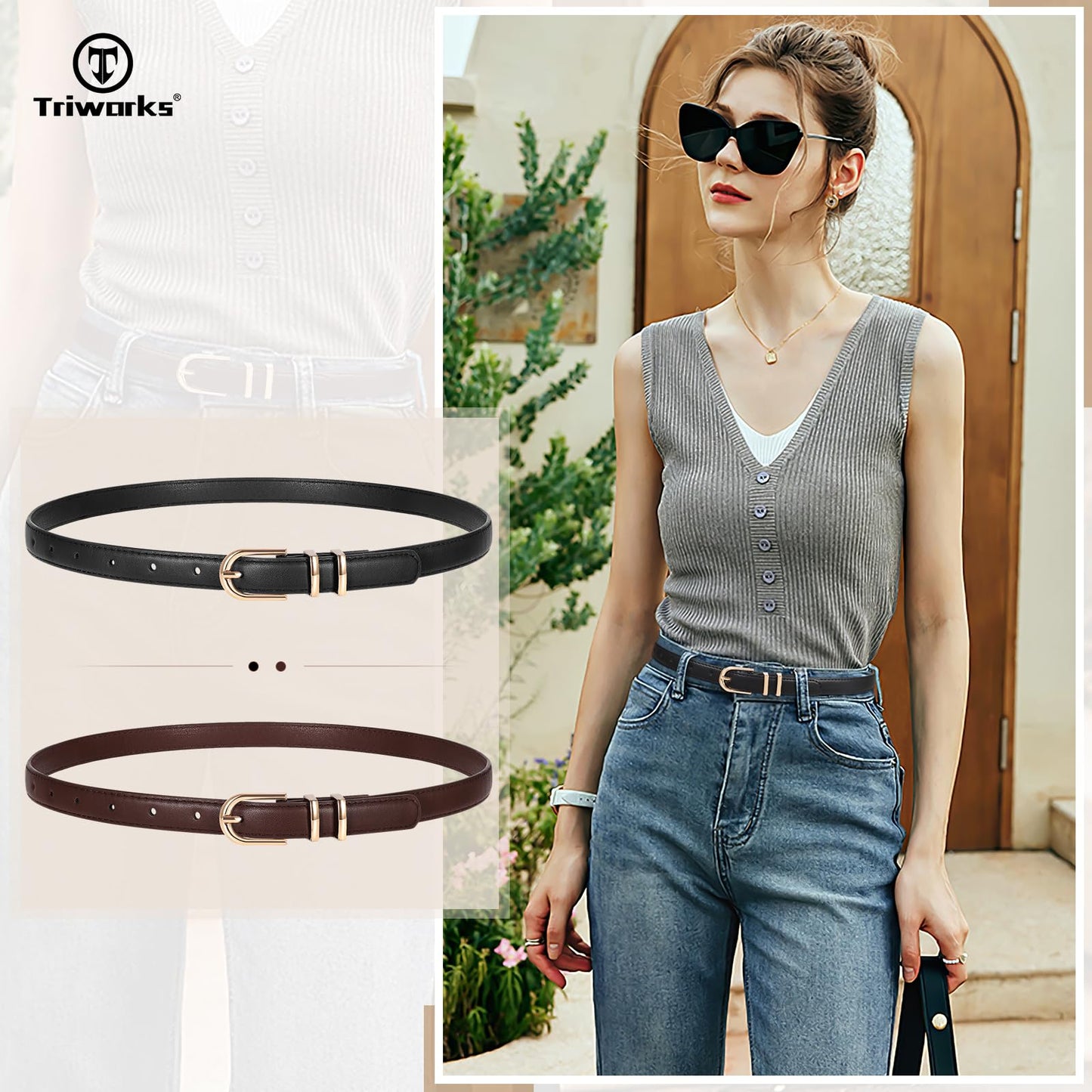 TRIWORKS 2 Pack Women Skinny Leather Belts for Jeans Pants Thin Faux Leather Belt with Gold Buckle