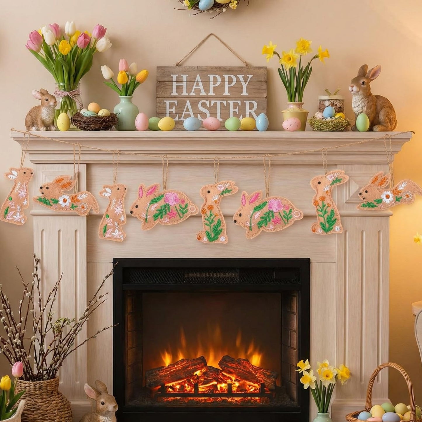 HunnmingRe 12 Pcs Easter Bunny Ornaments Felt Embroidery Easter Hanging Tree Ornaments Handcrafted Bunny Rabbit Spring Tree Decorations for Spring Party Door Home Wall Mantel Decor Arts Crafts Gifts