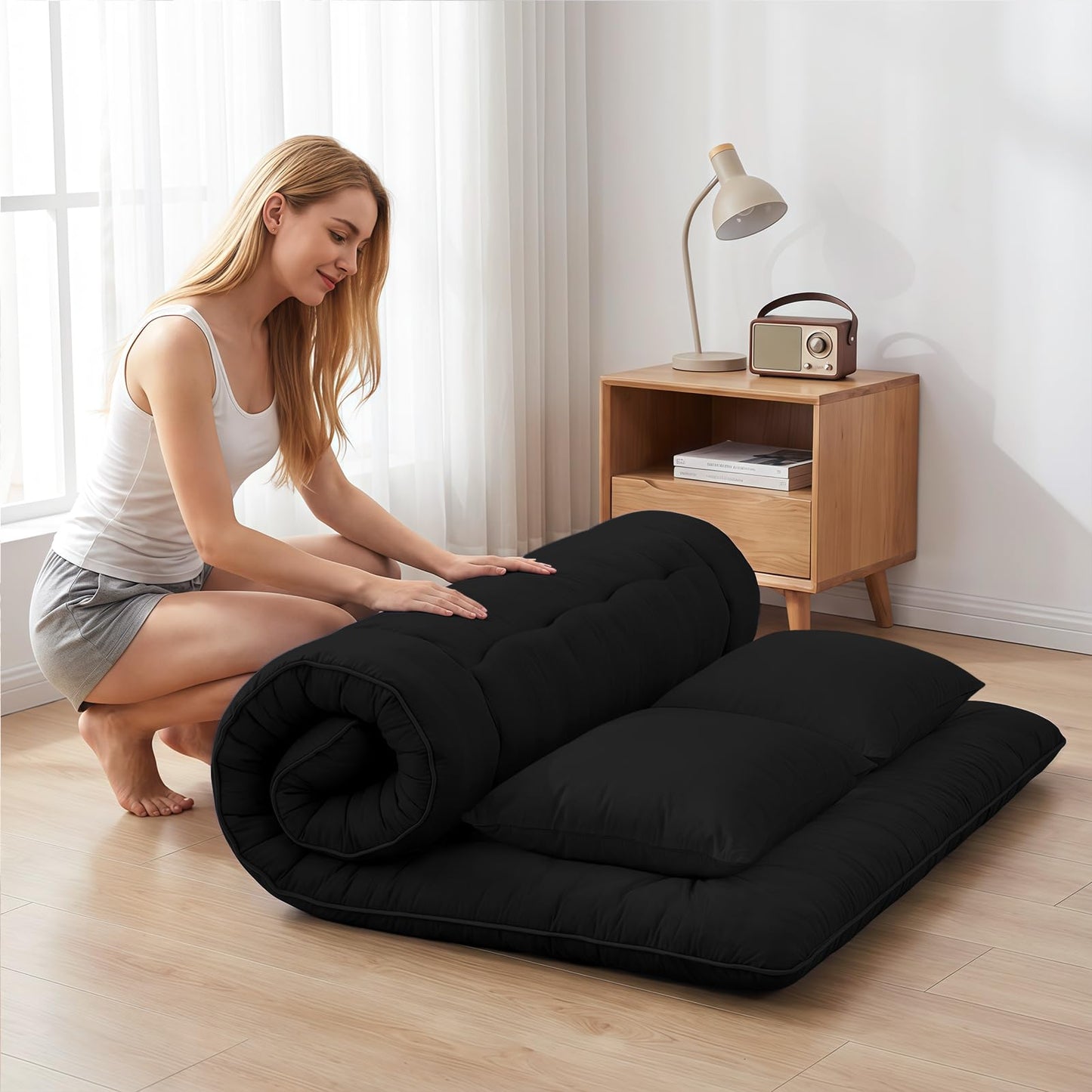 Cosovia Japanese Floor Mattress Futon Mattress, 3.5 Inch Thick Foldable Roll Up Tatami Mat with 2 Pillow Covers, Twin Size Floor Bed for Guest Room Dorm Camping Kids, Black