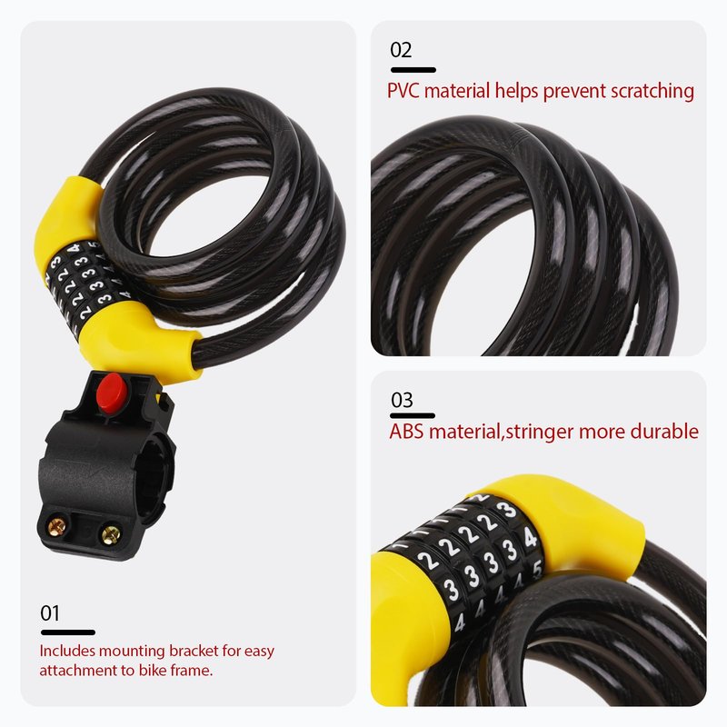 5-Digit Combination Bike Cable Lock, 12mm Heavy Duty Anti-Theft Bicycle Lock with Mounting Bracket, Resettable Security Lock, Weatherproof Zinc Alloy Cylinder for Bike, Scooter, Motorcycle