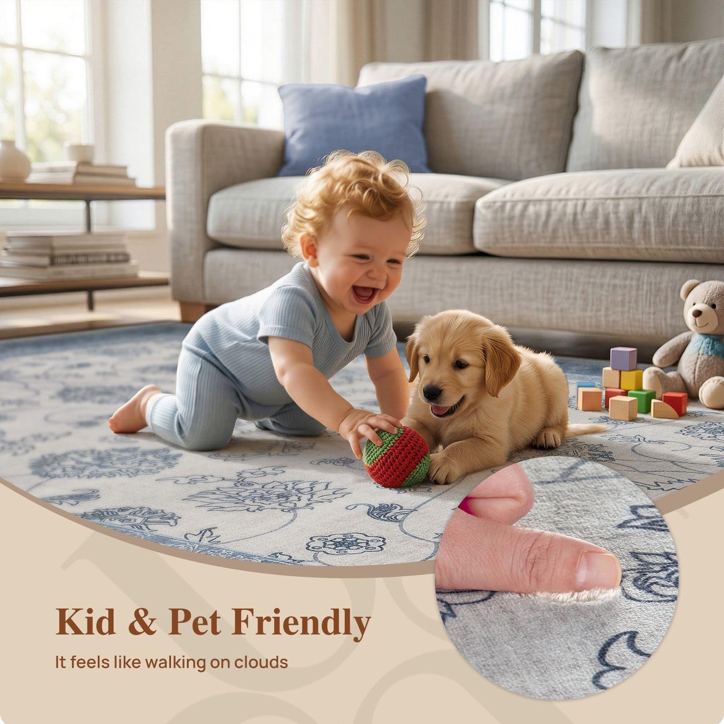 UERMEI 3x6 Machine Washable Runner Rug: Vintage Non Slip Low-Pile Stain-Resistant Hallway Floor Carpet, Soft for Entryway Kitchen Bathroom, Kid Pet Safe Robot Vacuum Friendly - Blue