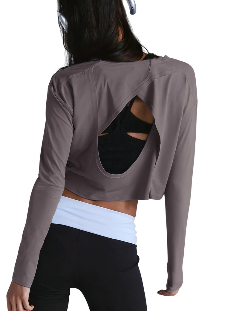 Lviefent Womens Open Back Workout Tops Long Sleeve Cropped Athletic Shirts Blouse Layer Gym Sportswear (Khaki-M)
