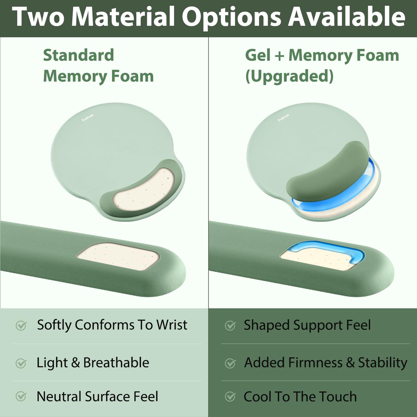 Sushret Mouse Pad and Keyboard Wrist Rest, 3-in-1 Gel Memory Foam Ergonomic Mouse Pad with Wrist Rest Set,Gaming Mousepad Arm Cushion Support for Computer Office Desk Accessories Cute Setup,Sage Green