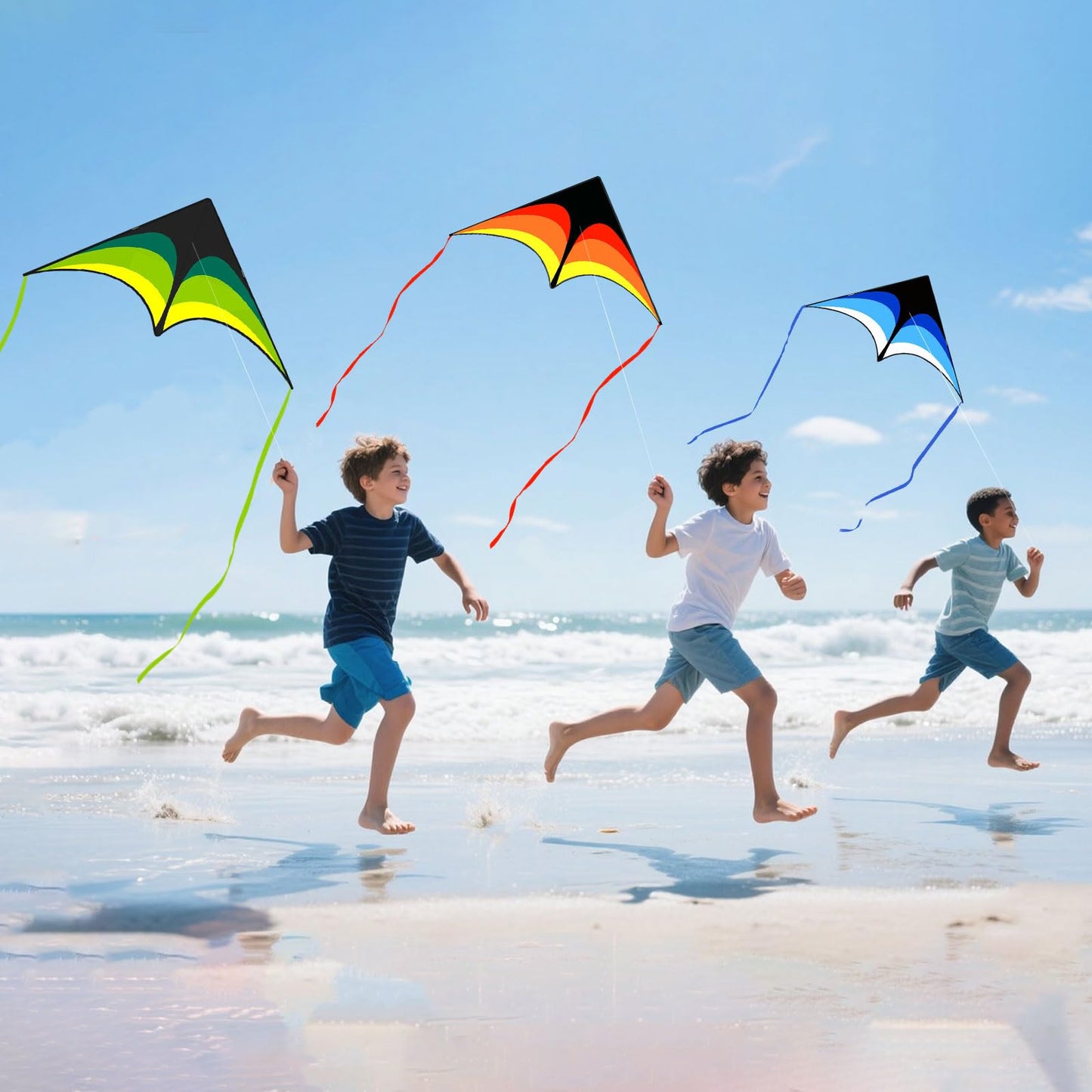Mint's Colorful Life 3 Pack Delta Kites for Kids & Adults, Easy to Fly Large Kite Set for Beginners, Perfect Family Kites for Park and Beach Trip with 300ft String Included (Green&Blue&Yellow)