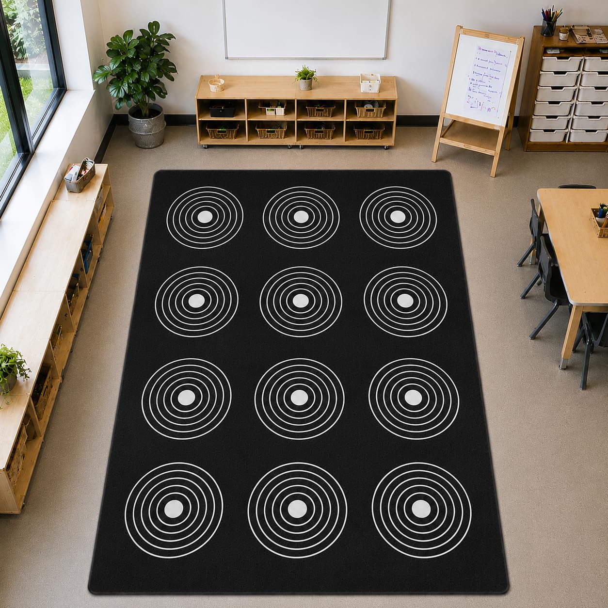 Kids Rug, Classroom Carpets Playmat Rugs - 5x7 Ft Kids Carpet with Rubber Backing, Circle Bullseye Abstract Children's Seating Rug Play Mat Nursery Rugs for Children Bedroom Playroom Elementary, Black