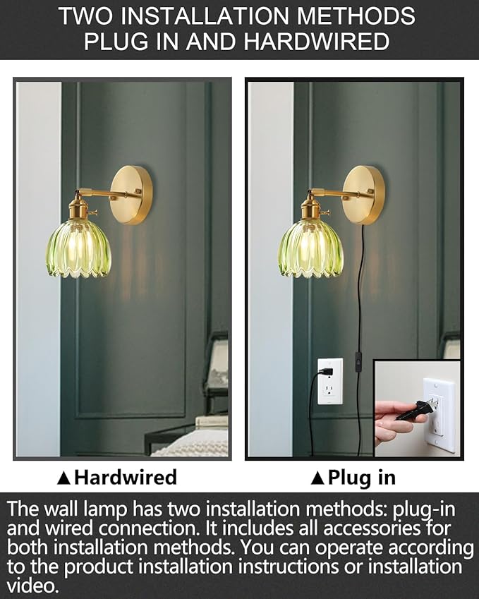 Plug in and Hardwired Wall Sconces, Luxury Vintage Tulip Crystal Glass Shade Wall Light with Switch for Bedside Bedroom Living Room (Tulip-Green, 2)