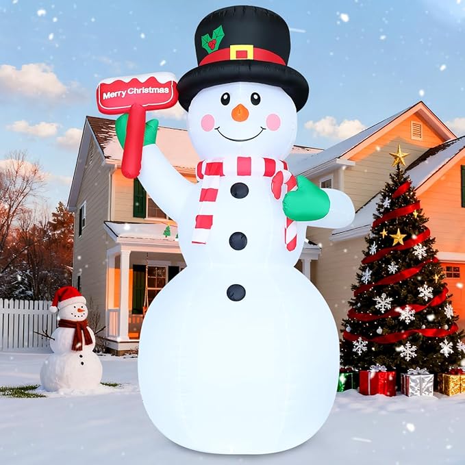 GOOSH 10.3 FT Christmas Inflatables Snowman Outdoor Decoration Blow Up Holds a Red Sign with Built-in LEDs for Garden Lawn Indoor Party Decor