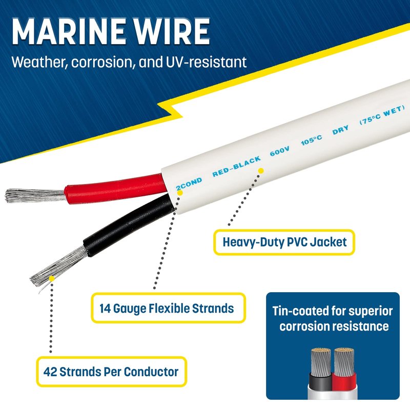 GS Power 50 Ft Duplex Marine Wire, 14 Gauge Wire, Oxygen-Free Tinned Copper 14 AWG Electrical Boat Wiring, Sheathed Copper Marine Grade Electrical Cable for Boat Automotive RV Camper Trailer