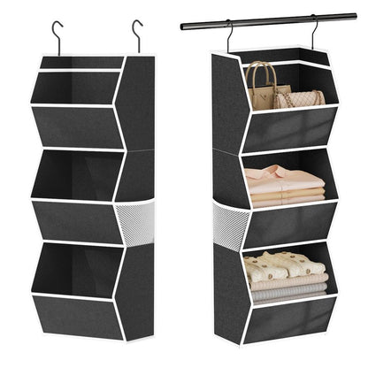 Hanging Closet Organizer 3 Shelf Collapsible Bedroom Closet Organizers and Storage Hanging with Mesh Pocket for Clothes, Closet Hanging Organizers and Storage for Fabric Wardrobe Space Saver, Black