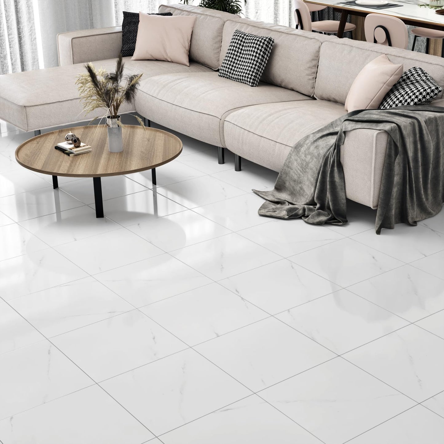 Wallercity 18PCS Glossy Marble White Peel and Stick Floor Tile Self Adhesive Bathroom Waterproof Stick on Floor Tile 12x12 Inch Sticky Tiles for Bedroom Living Room Kitchen Linoleum Flooring Sheets