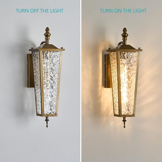 Outdoor Wall Light,Vintage Gold E26 Base 16.7in - Exterior Waterproof Lantern Metal with Clear Glass,Farmhouse Porch Sconce Wall Mount Lighting,for Garage,Patio,Front Door,Entryway
