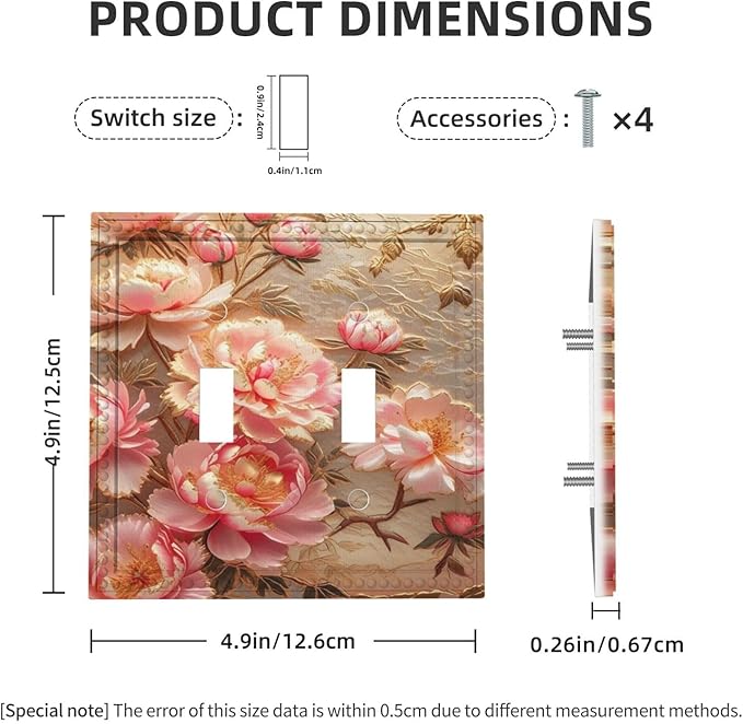 Pink Blooming Flowers Peonies Floral Light Switch Covers Double Toggle 2 Gang Wall Plate Dual Decorative Switch plate Electrical Faceplate for Farmhouse Living Room Decor