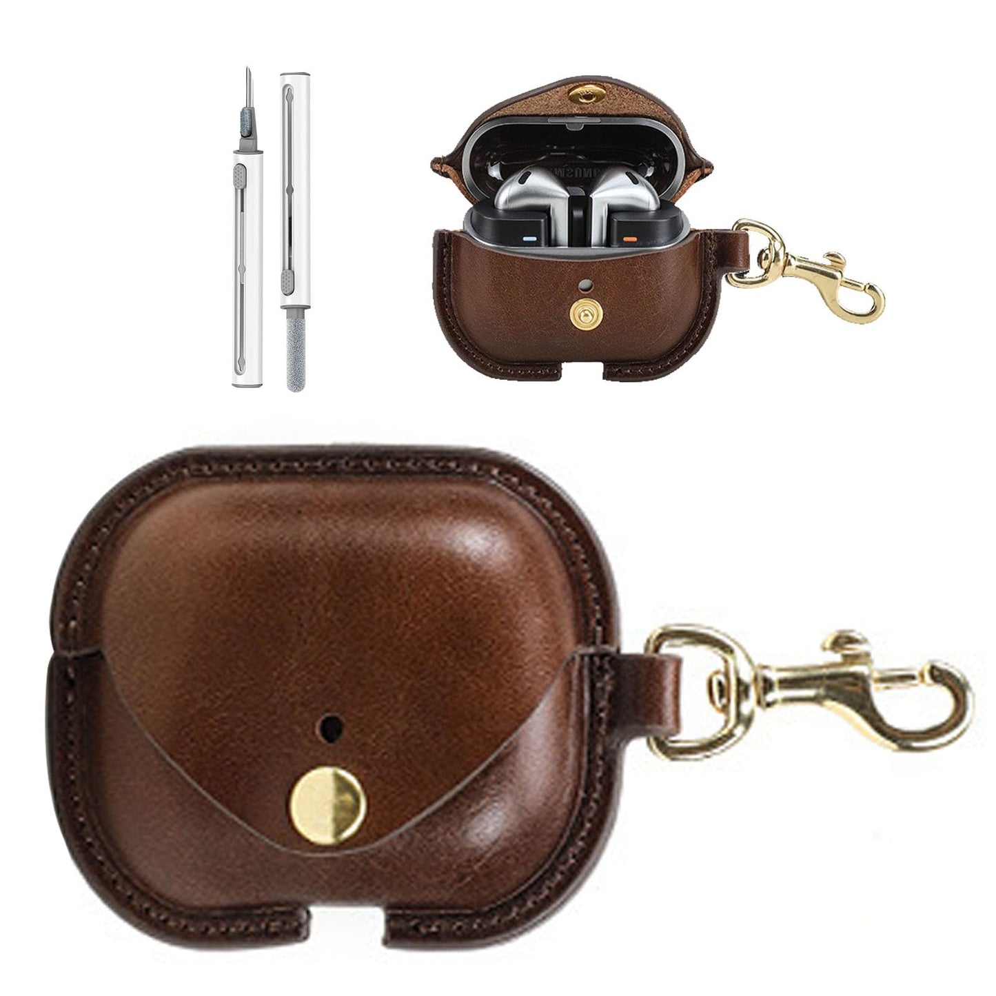 for Samsung Galaxy Buds 3 Pro/Buds 3/Buds3 FE Case Leather - Vintage Cowhide Cover with Keychain | Shockproof Charging Case | Personalized Brown