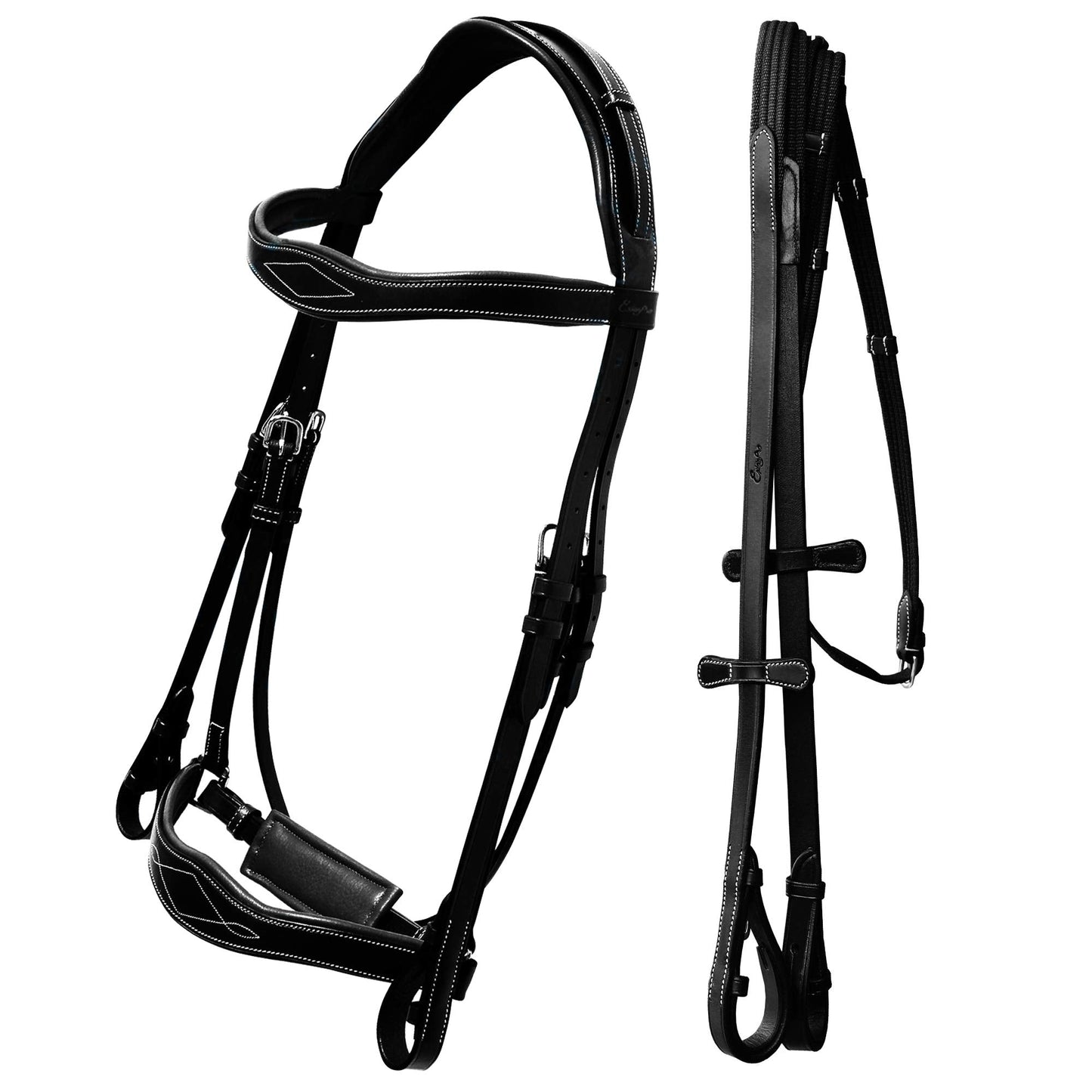 Exion Horse Dressage Bridle with Web Reins | Broad Anatomic Crownpiece, Crank Noseband & Browband & Reins with Hand Stoppers | Dressage Bridles for Horses