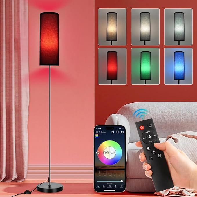 FRIDEKO HOME Floor Lamp, Color Changing Ambient Lighting for Living Room Bedroom, Standing Lamp with App & Remote Control, Tall Corner Lamp for Halloween Home Decor, 9W 800LM, Foot Switch, Black Shade