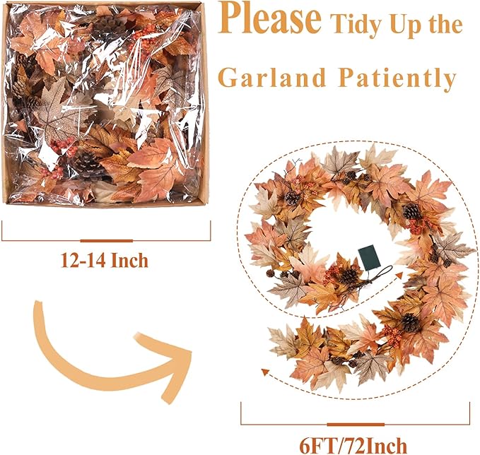 6 FT Fall Garland with Lights Timer Function Fall Leaves Garland with Berries Pine Cones Realistic Autumn Automatic ON/Off Timer Fall Decorations for Home Mantle Fireplace Porch Table