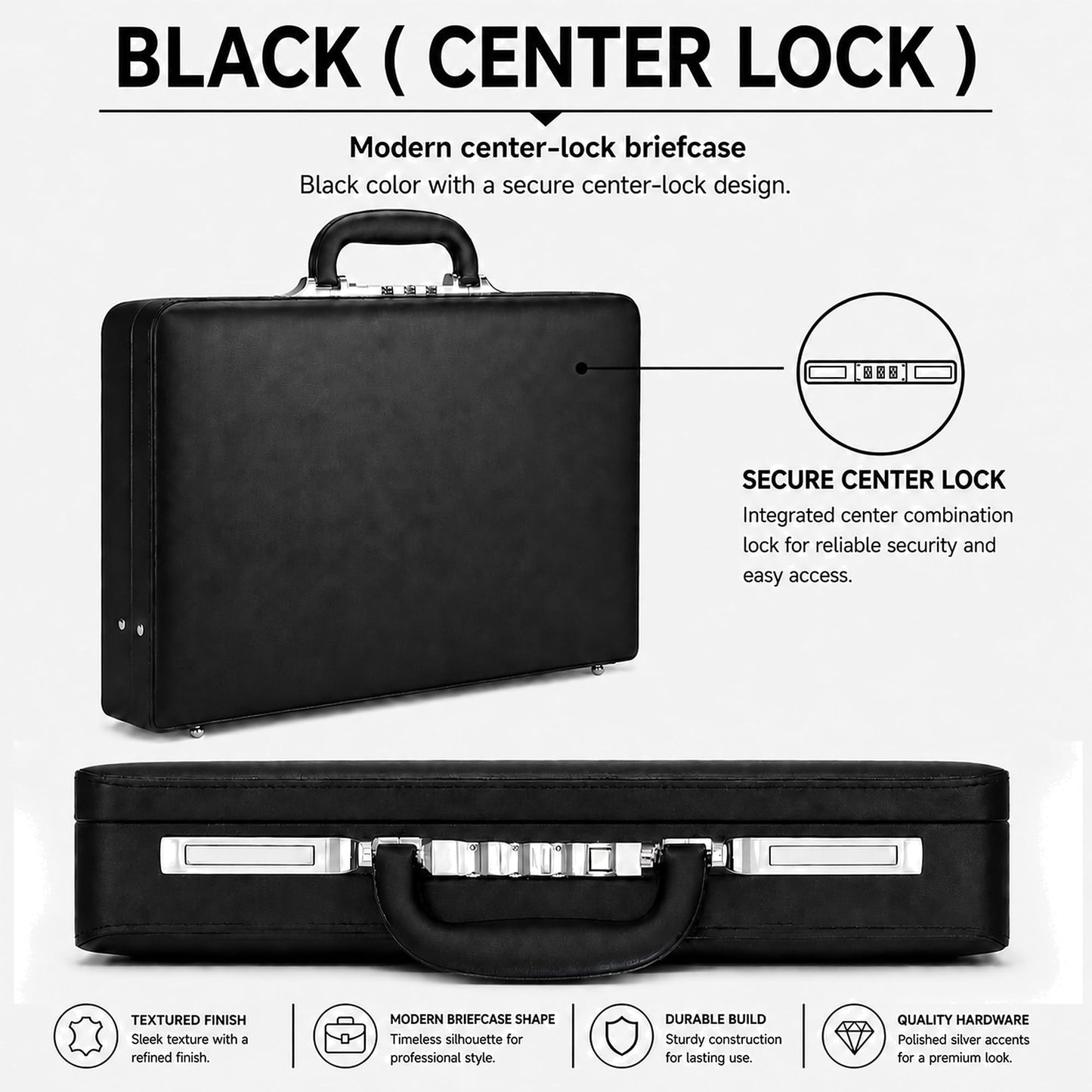HAESTUS Leather Briefcase for Men with Combination Lock, Classic Hard Shell Attache Case in Black, Fits 16 Inch Laptop