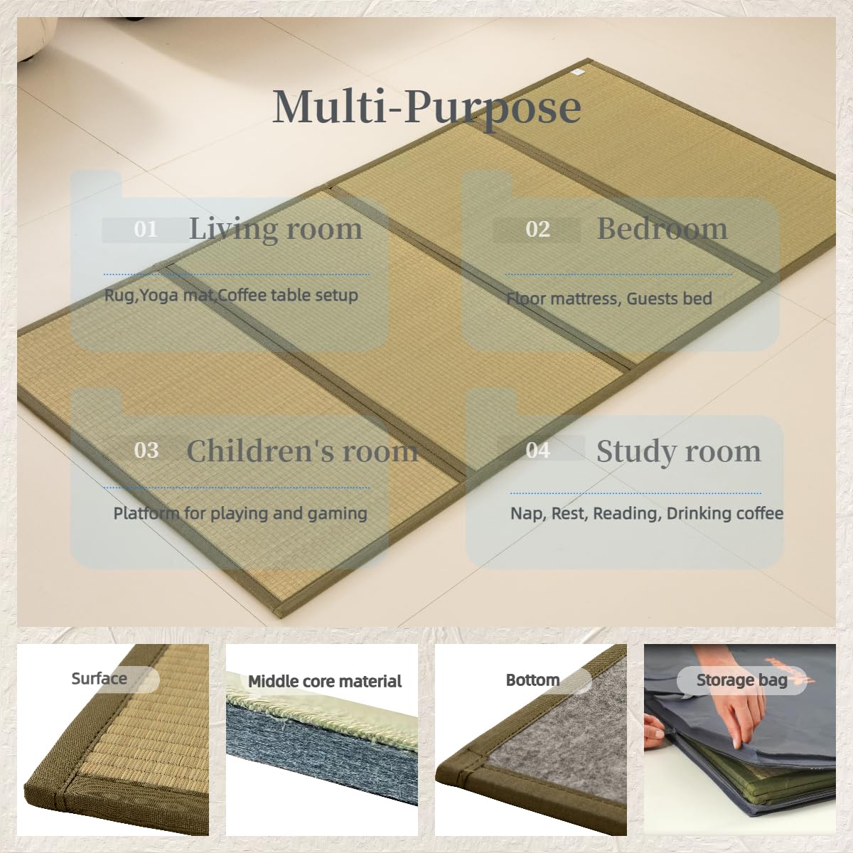 MustMat Tatami Mat Rush Grass Tatami Mattress Japanese Traditional Foldable (full-55"x78")