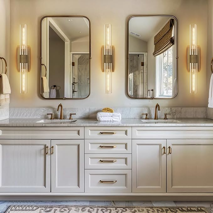 Wall Sconces, 22.8" Gold Bathroom Sconces Wall Lighting with Clear Glass, Modern Sconces Wall Decor Brass Light Fixtures for Bathroom Mirror Living Room Hallway Bedroom
