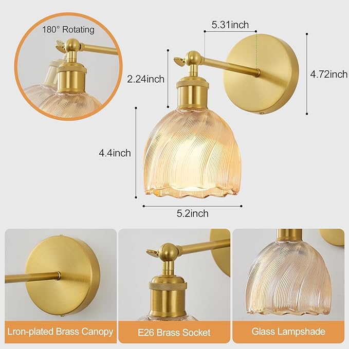 Vintage Battery Powered Cordless Wall Sconce Set of 2, Battery Wall Sconce with Amber Tulip Glass Lampshade, Rechargeable Battery Powered Wall Lights with Remote Control for Bedside Bedroom Doorway