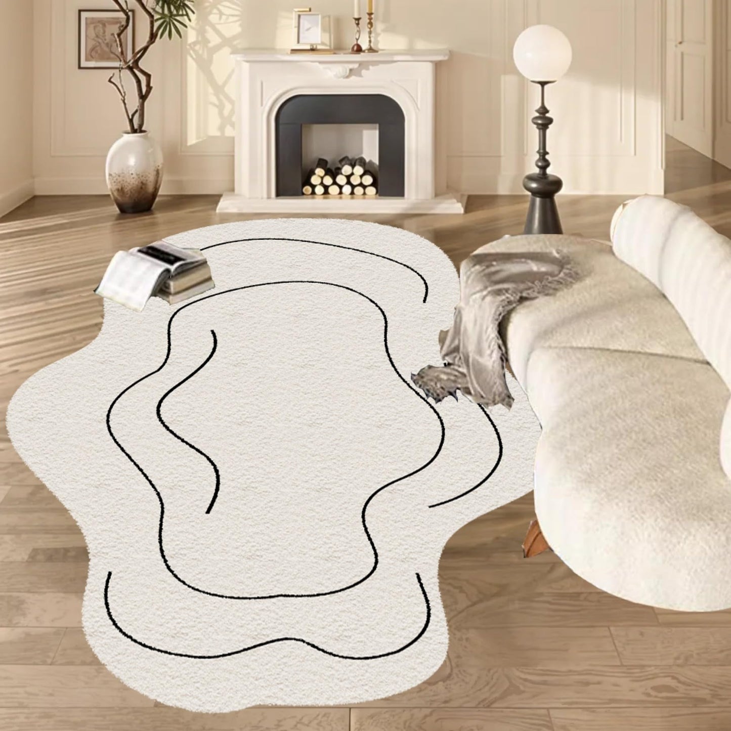 ZLXMN Washable Off-White Irregular Rug 3x4ft Indoor Soft Thin Plush Abstract Shaped Rug Unique Designer Simple Anti-Slip Carpet Suitable for Living Room Bedroom Lounge Area Home Decor