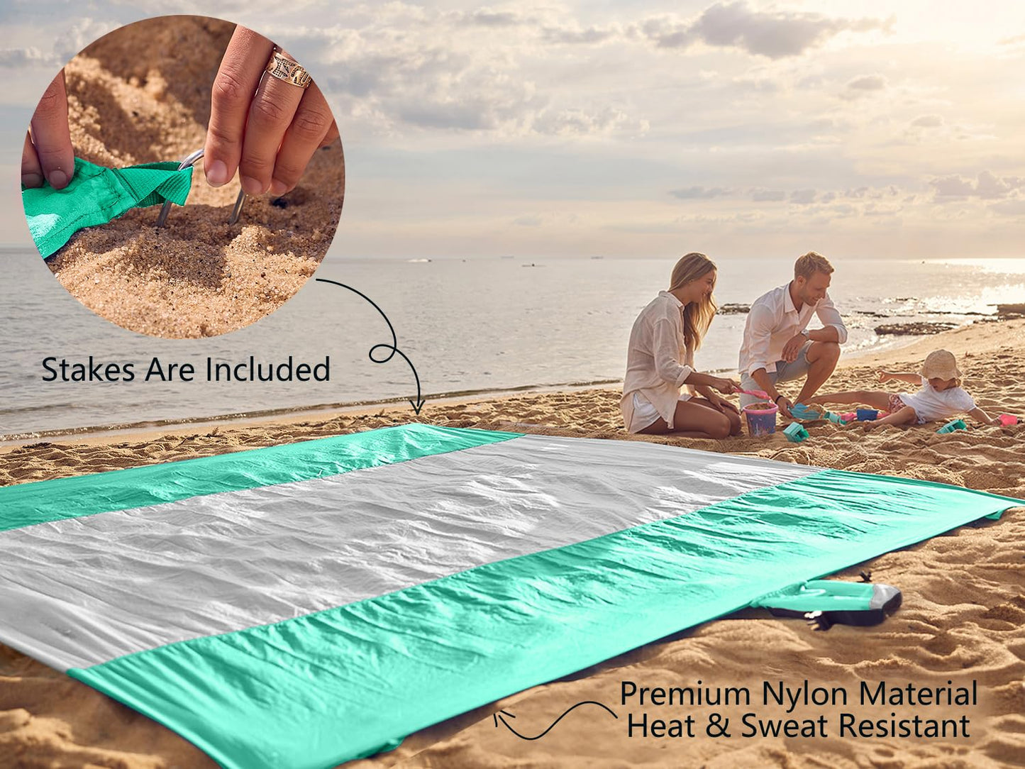 WEKAPO Beach Blanket - Sandproof Waterproof Extra Large Beach Mat | Oversized Sand-Free Lightweight Quick-Drying | Beach Vacation Essentials with Stakes & Corner Pockets (Turquoise, 7x7 FT)