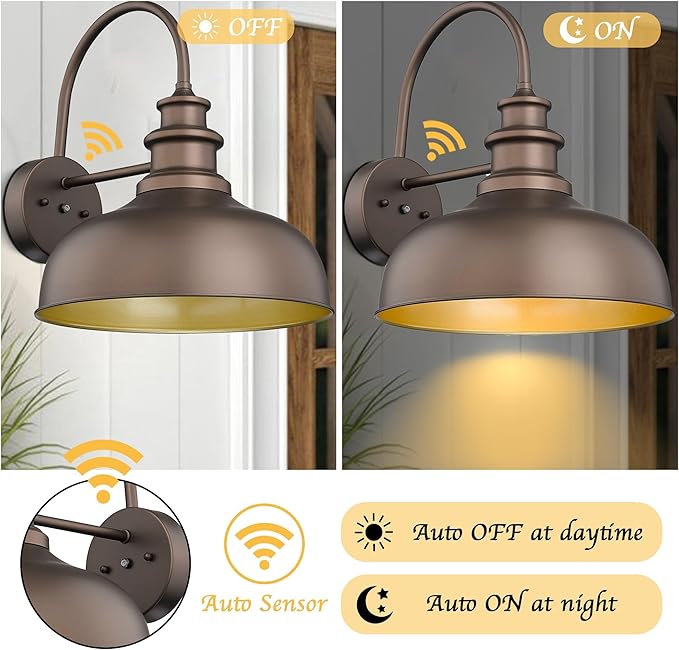 Bestshared 16 Inch Dome Large Dusk to Dawn Gooseneck Barn Light Anti-Rust Farmhouse Outdoor Wall Sconce Industrial Outdoor Wall Lights Exterior Lighting Fixture,Garage Lamp(ORB+Gold, 16” Dome-1Pack)