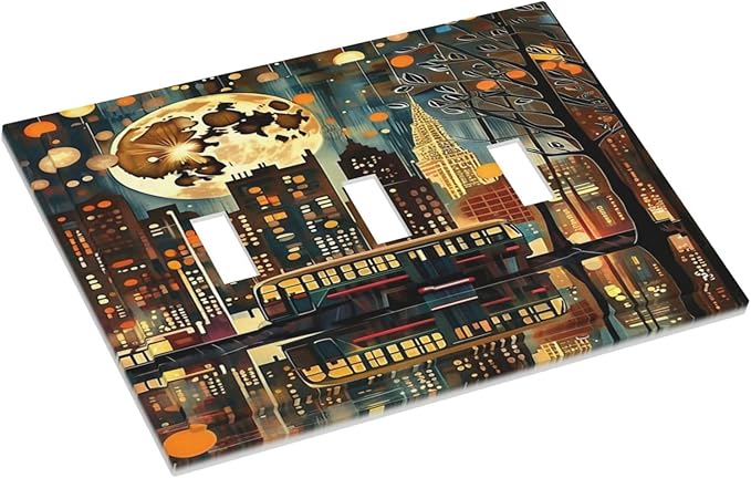 City Light Moon Bus Abstract Art Light Switch Covers 3 Gang Triple Toggle Wall Plate Decorative Switchplate Electrical Faceplate for Farmhouse Living Decor