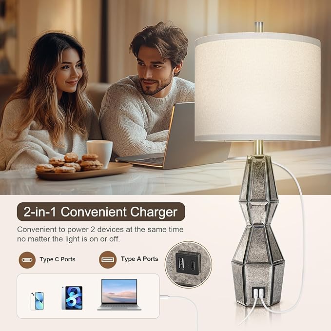 28" Vintage Table Lamps for Bedroom,Antique Bedside Lamp for Living Room with USB A+C Ports,Glass Table Lamps with Linen Shade,3-Way Dimmable Bulb,Nightstand Lamp for Home Hotel Decor(Bulb Included)