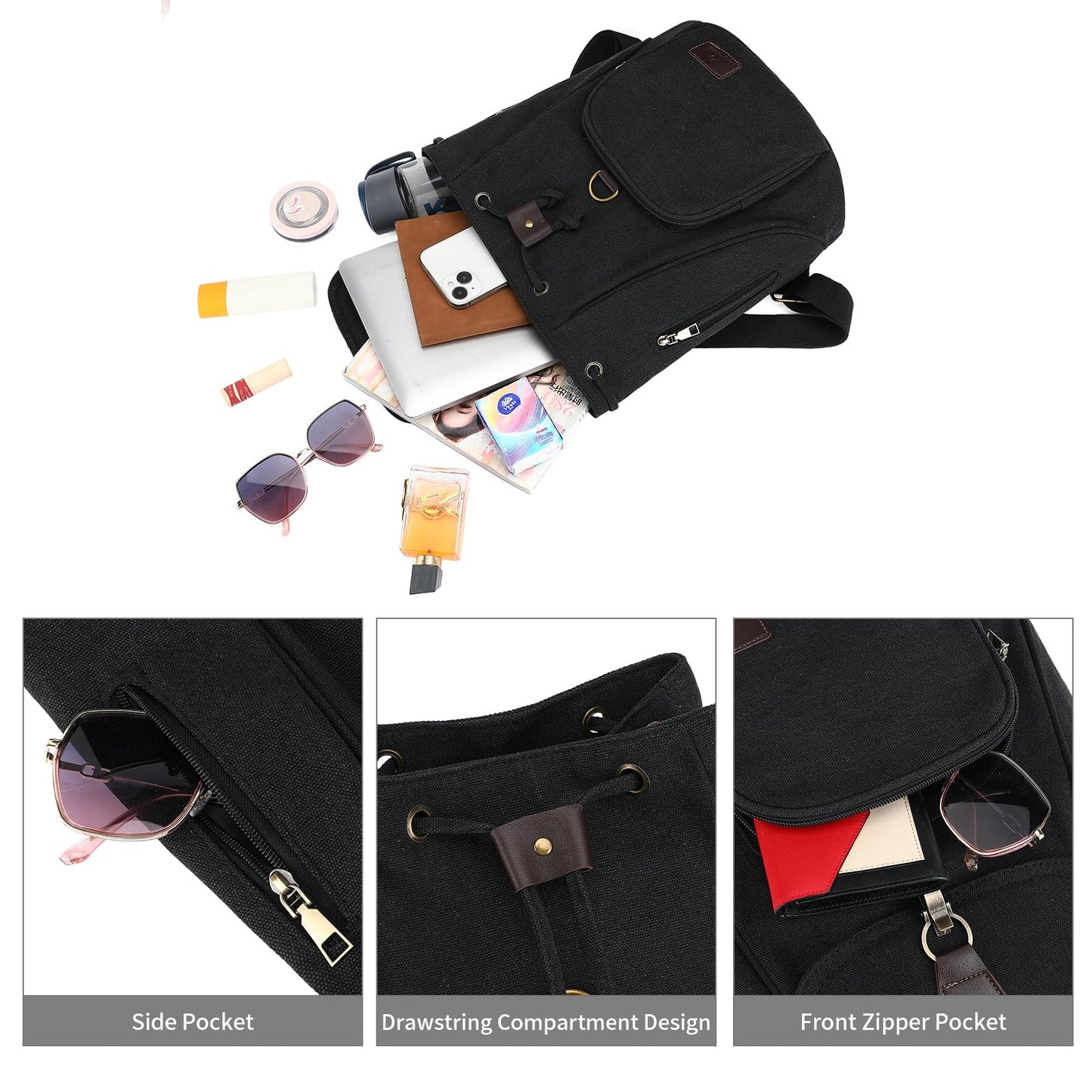 GAEKEAO Small Backpack for Women Canvas Mini Backpack Purse Casual Daypack for Daily Travel Work Sports College Shopping (Black)