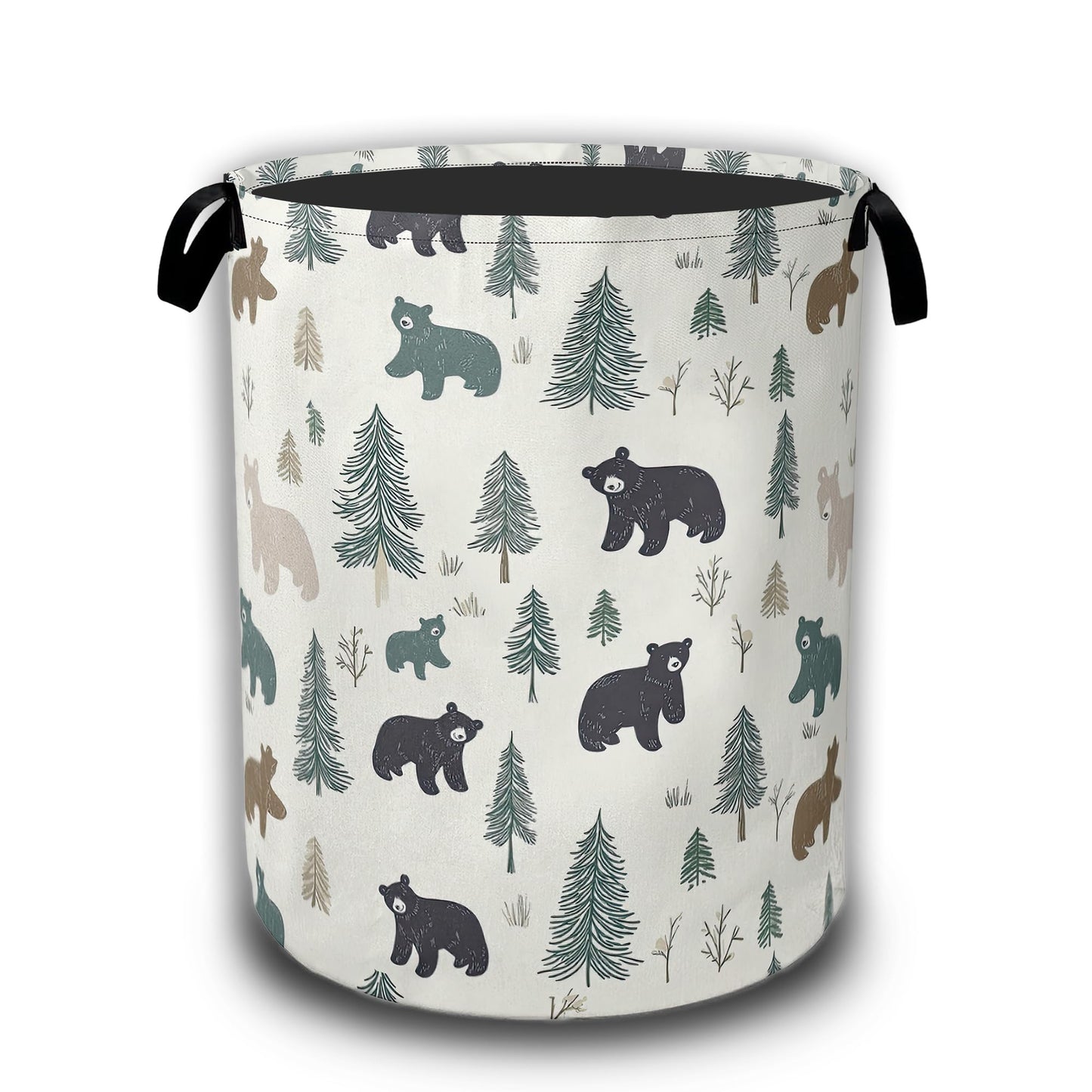 Bear Pine Tree Laundry Basket,Wild Animal Laundry Hamper Waterproof Oxford Cloth Tote Collapsible,Clothes Storage Bucket Decorative Toy Organizer For Bathroom Bedroom 16" x 20.8"