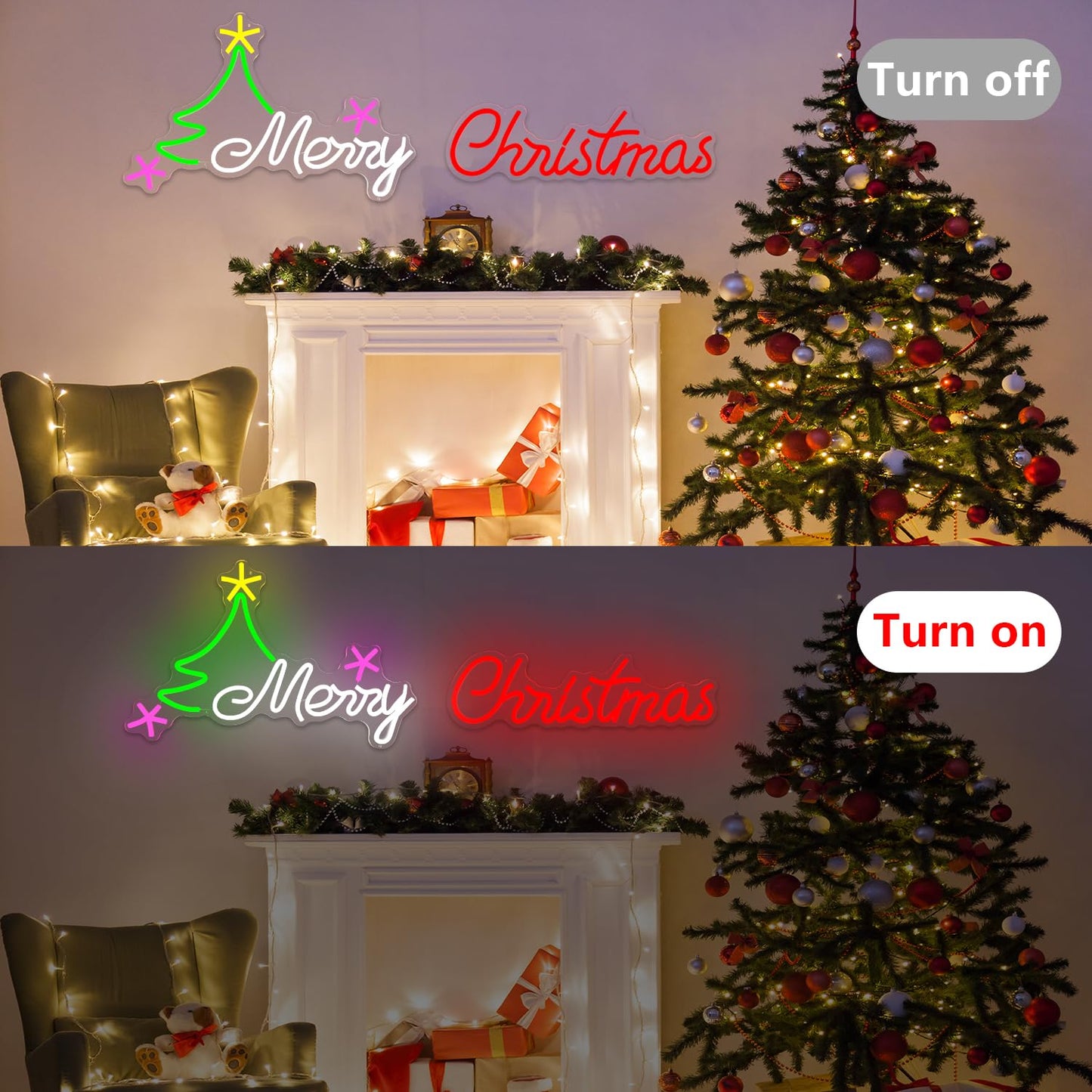Large Merry Christmas Neon Sign for Wall Decor 19.69 * 13.11&18.11 * 6.57inch Merry Christmas Led Sign Dimmable Xmas Tree Neon Light Up Signs for Xmas Party Window Home Bar Club Shop Decoration Gifts