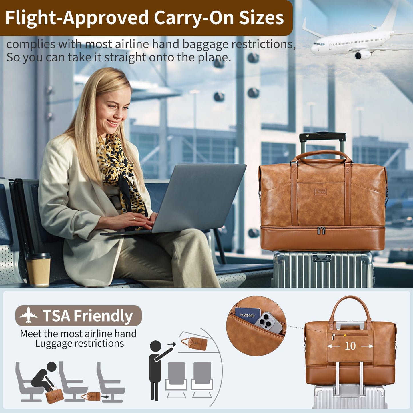 Faux Leather Weekender Bags for Women: Large Overnight Bags Travel Duffel Carry On Weekend Tote with Shoe & Laptop Compartment for Airplane Traveling Gym, Brown