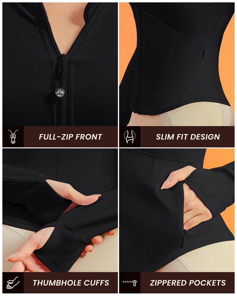 Queenie Ke BareLuxe Corset BBL Jacket for Women Zip Up Waist-Length Cropped Running Workout Athletic Top with Thumb Holes (Black, Medium)