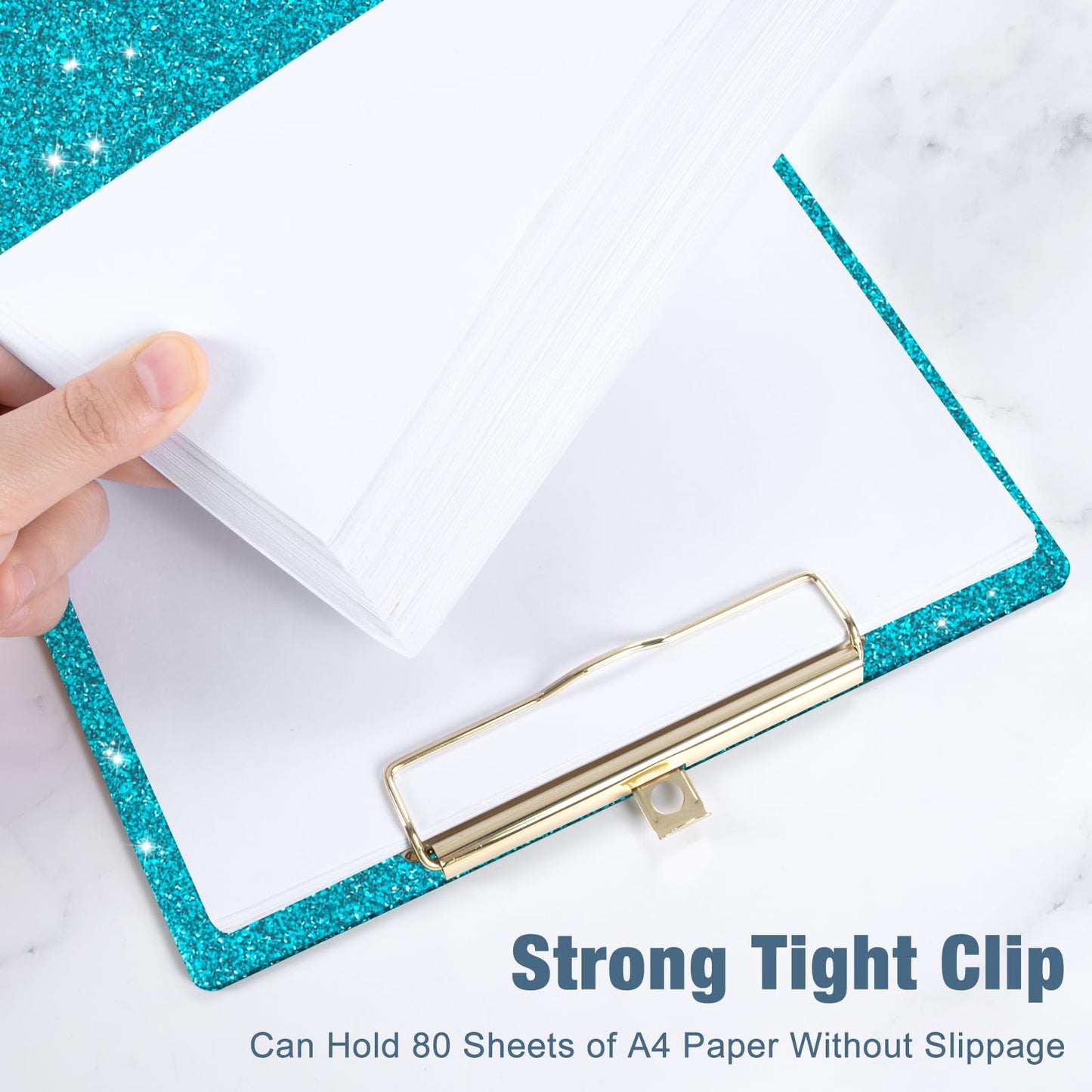 Piasoenc Acrylic Clipboards, Fashion Glitter Clip Board with Low Profile Gold Clip, Designed for Classroom School and Office Use, A4 Letter Size 9 x 12.5 in,Teal