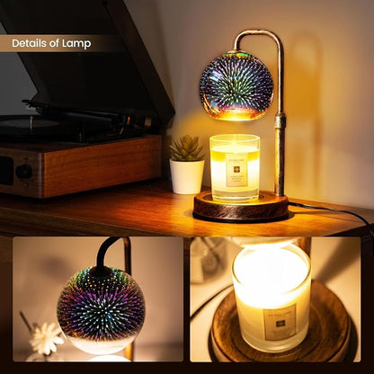 Glocusent Candle Warmer Lamp with Timer, 3D Glass Globe, Retro wood-grain metal base, Dimmable Height Adjustable Candle Warmer for Jar Candles, Home Decor & Gifts for Women, Firework patterns, 2 Bulbs