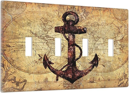 Anchor Nautical Vintage Map 4 Gang Decorative light switch plate Quad Toggle Wall Plate Covers Switchplate Electrical Faceplate for Office Livingroom Home Decor