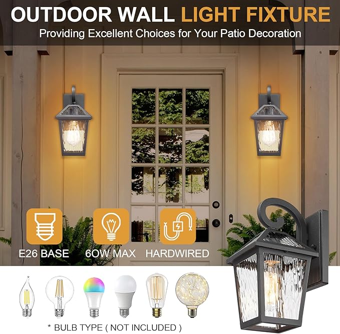 Outdoor Lights Fixtures Wall Mount, Outdoor Wall Lantern with Water Ripple Glass, Waterproof Outside Exterior Wall Sconce Lights Fixture for House, Front Porch, Patio, Matte Black