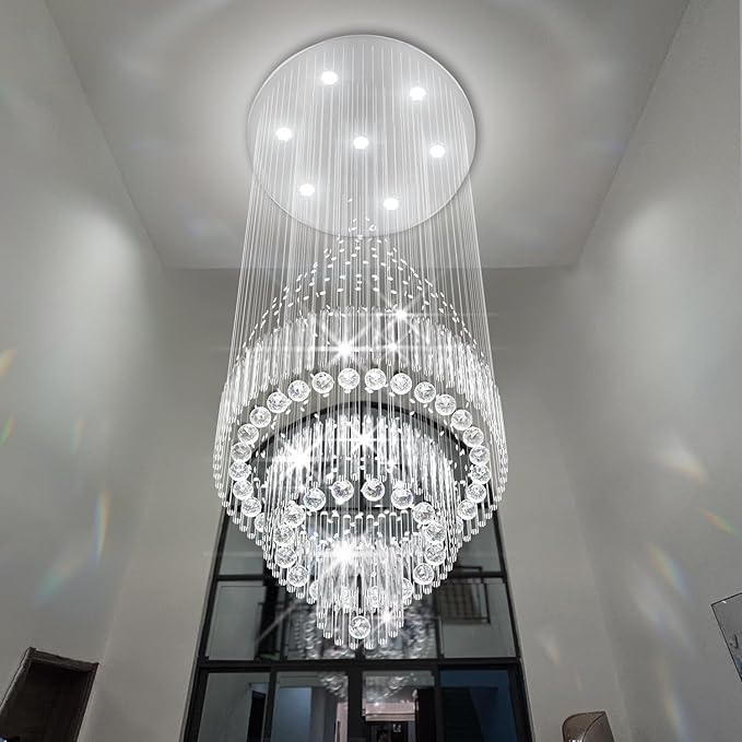 Flashing God D24''XH86'' Large Crystal Chandelier Silver Modern Raindrop Ceiling Light, High Ceiling Chandelier Suitable for Entrance Villas and Foyer