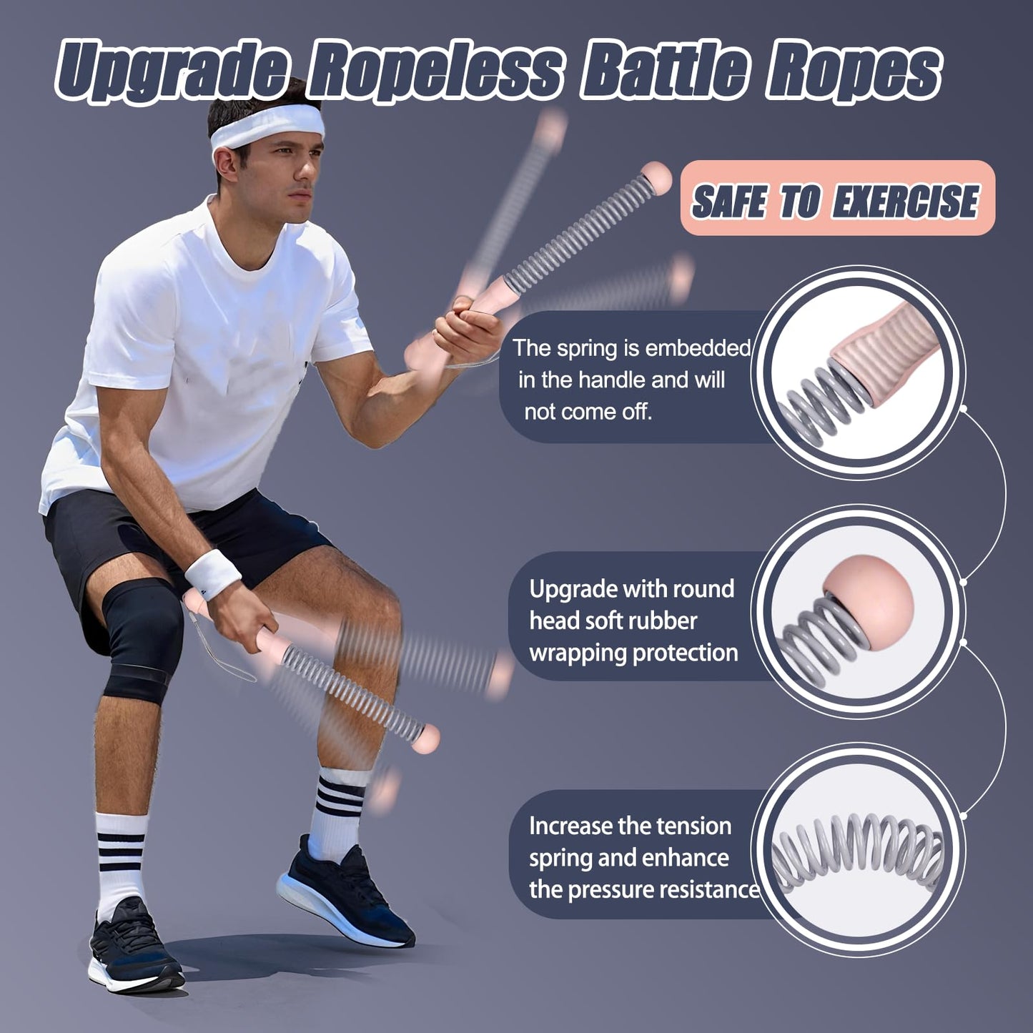 MOSHEEHDOR 2nd Gen Ropeless Battle Ropes for Home Gym, Heavy Duty Portable Cordless Battle Ropes with Integrated Spring (No Screws), Weighted Exercise Rope for Men & Women, HIIT Workout Equipment(Pink)