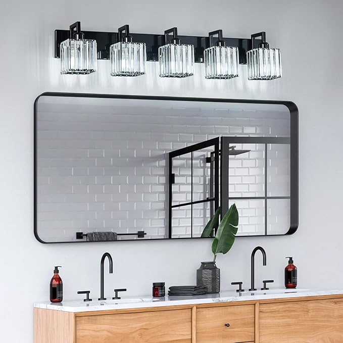 Modern Bathroom Vanity Light 5-Lights Plating Black Crystal Bathroom Wall Light Vanity Light Fixtures