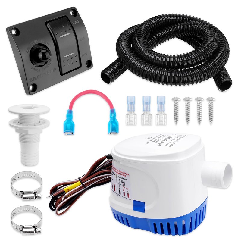 1100 GPH Automatic Boat Bilge Water Pump 12V with 3 Way Switch Panel & 1-1/8 Inch Dia Bilge Pump Plumbing Kit Ideal for Fishing Boats, Cruisers, Runabouts, Yachts