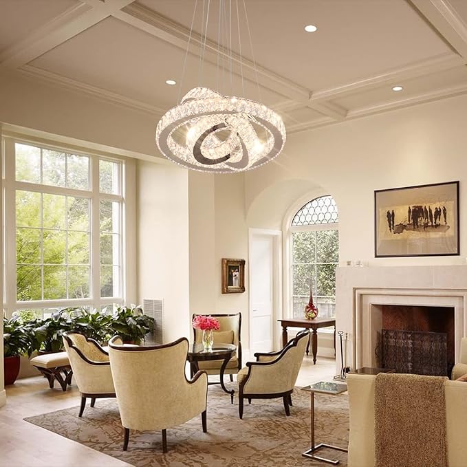 FRIXCHUR 3 Ring LED Chandelier Modern Crystal Chandeliers LED Pendant Lights Gold Ring Chandelier for Bedroom Dining Room High Ceiling Foyer (3000K Warm Light)