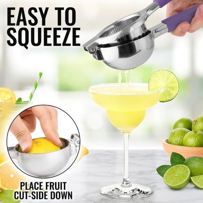 Zulay Lemon Squeezer Stainless Steel with Premium Heavy Duty Solid Metal Squeezer Bowl (Black Grip, Large)