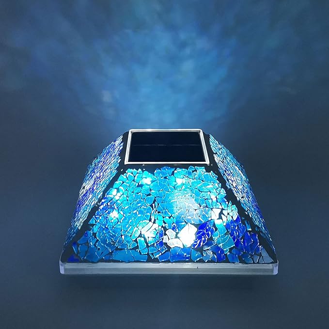 2PK Mosaic Solar Post Cap Lights Outdoor for 4x4, 3.5x3.5 Post Crackled Glass Deck Fence Lamp Weatherproof LED Light Decor in Garden, Yard, Outdoor Table, Balcony, Landscape- Cyan Blue
