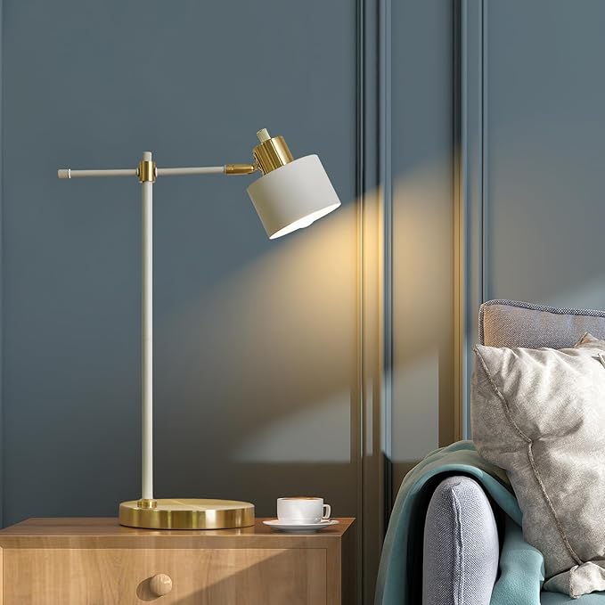 OYEARS Modern Industrial Desk Lamp for Reading LED 22.2“ Metal Table Lamp Light for Office Bedroom Study Room Living Room Nightstand Bedside Lamps Gold and Matte Cream Accent (Cream, Bulb Included)