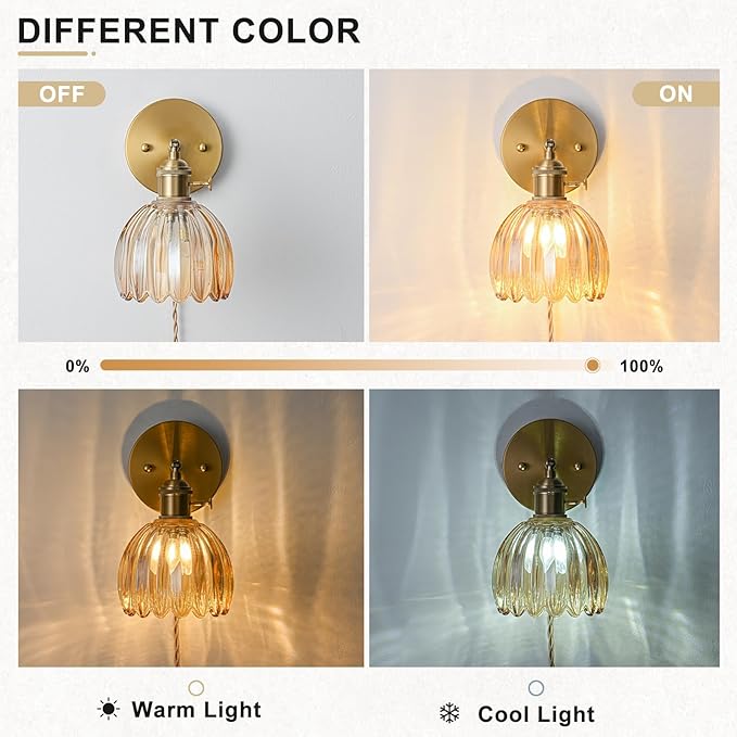 Plug in Wall Sconces Set of 2, Vintage Wall Sconce Light with Tulip Amber Glass Lampshade, 180° Adjustable Wall Sconce with Switch and Plug in Wall Lamp Cord, Gold Wall Light Decor Set of 2