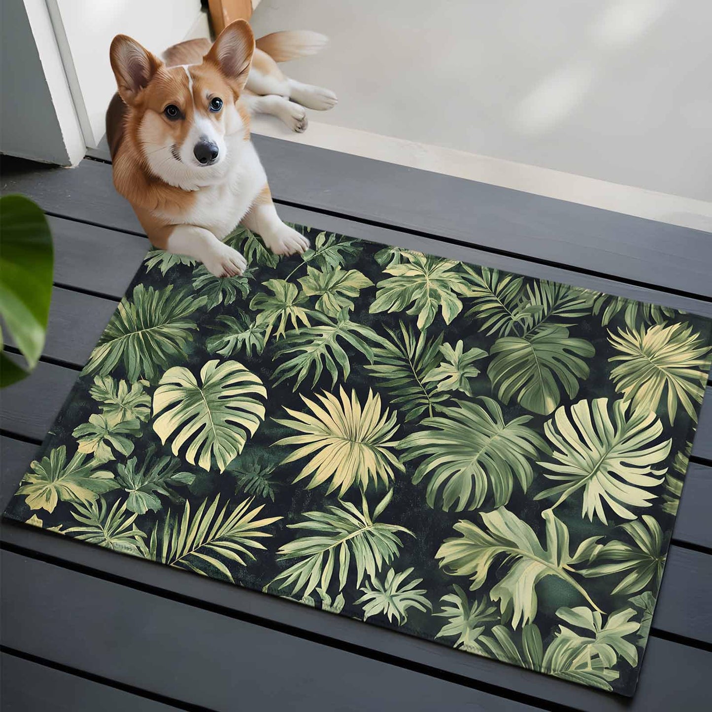 Palm Tree Leaves Entryway Rug 2x3 Area Rug Washable Indoor Doormat Small Bathroom Rugs Non-Slip Low Pile Accent Throw Rugs Summer Tropical Green Botanical Floor Carpet for Kitchen Bedroom Entrance