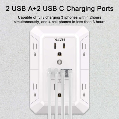Outlet Extender Surge Protector - NUOZHI 6 Outlet Splitter with 4 USB Ports(2 USB-C), Multi Plug Wall Outlet 1680J Power Strip for Home Office Dorm Room Essentials, ETL, White